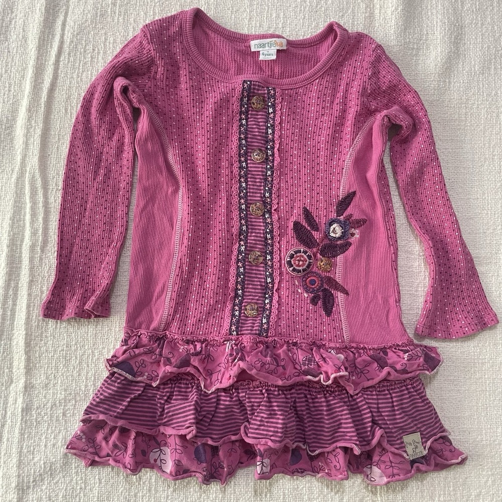 Naartjie Kids dress Girls Small 4 Magenta Pink Purple Long Sleeve Ruffles Preppy